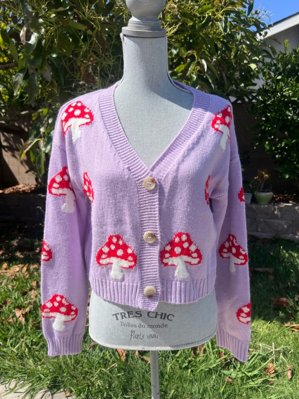SHEIN Lilac Mushroom V-Neck Cardigan with Red Mushroom Accents